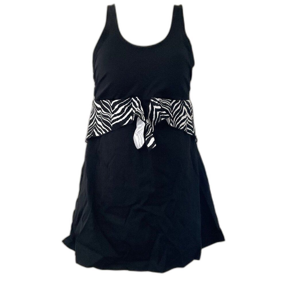 Zebra Detail Black Swim Dress One Piece Swimsuit